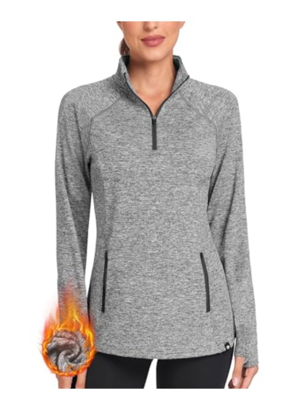 Fleece Lined Running Sweatshirt Cowl Neck Thermal Pullover Thumb Holes Pocket